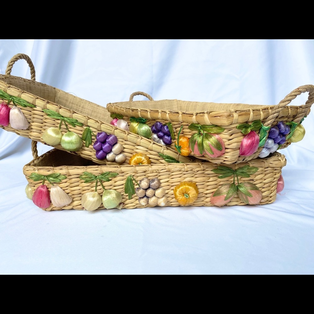 Vintage 3 piece Wicker Fruit Embroidered Basket